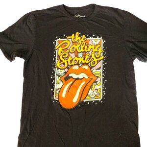 Rolling Stones Cartoon Tongue Graphic T-Shirt Black Cotton Large 42-44